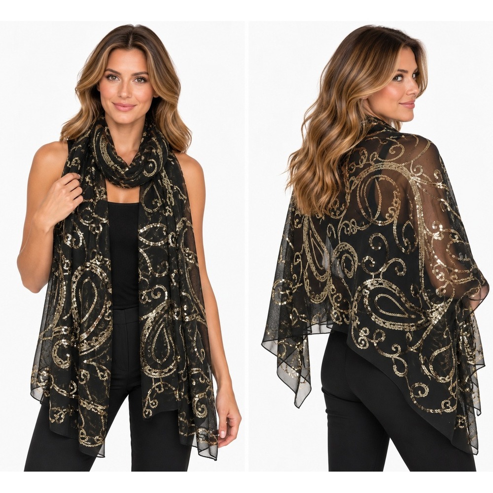 New Black Gold Sequin Paisley Sheer Scarf Shawl Evening Wrap 1042767